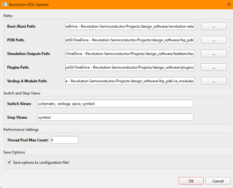 Revolution EDA options dialog