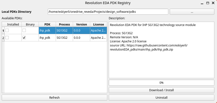 Revolution EDA PDK Registry window